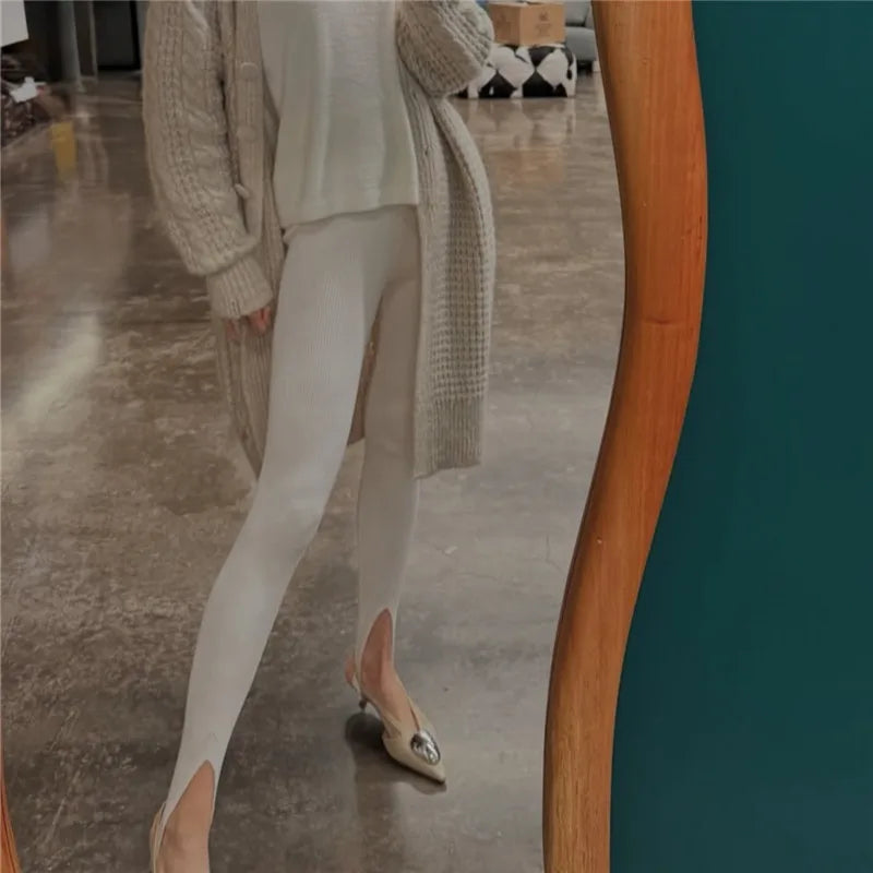 Women Casual Street Elastic High Waist Slim Fit Long Trousers Y2K Ribbed Knit Tight Step on Foot Leggings Sporty Pants