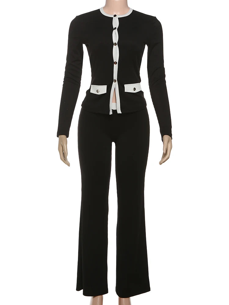 Casual Patchwork 2 Piece Set Women Single-Breasted Cardigan Full Sleeve Tops+Straight Pants Street Fashion Simple Set