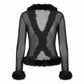 Women Y2K Faux Fur Trim Mesh Cardigan Long Sleeve V Neck Open Front Cropped Sheer Jacket Club Party Outerwear Tops