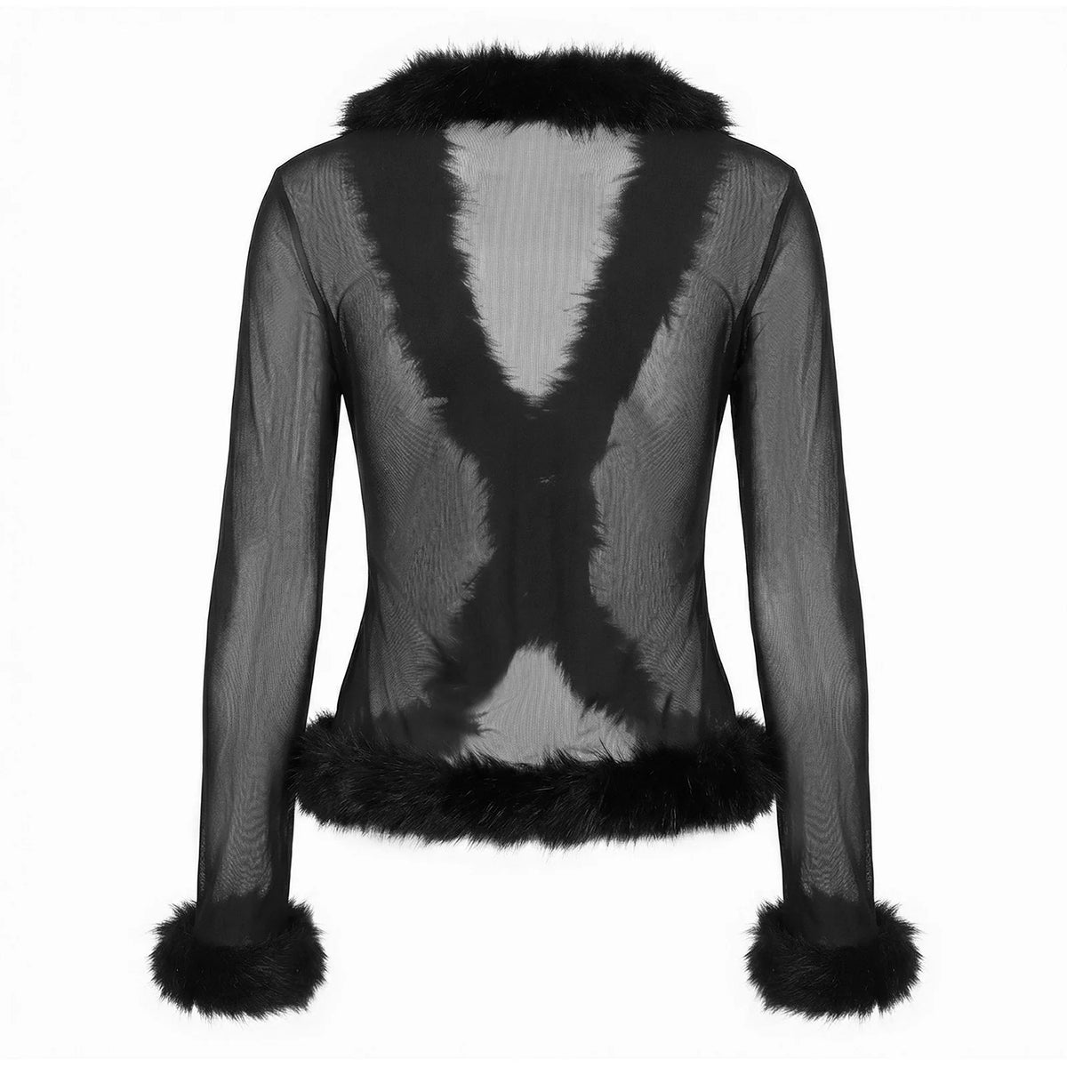 Women Y2K Faux Fur Trim Mesh Cardigan Long Sleeve V Neck Open Front Cropped Sheer Jacket Club Party Outerwear Tops