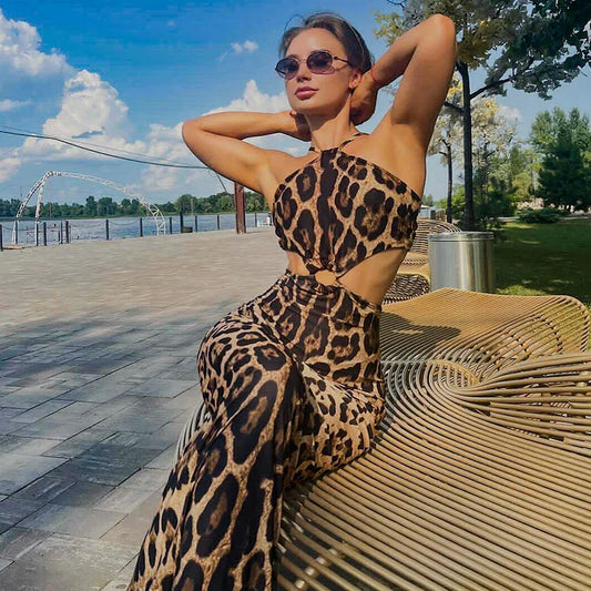 Leopard Print Sexy Dress Lace Up Hollow Halterneck Backless Long Dresses for Women Vacation Beach Outfits