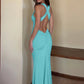 Women Halter Deep V Cutout Mermaid Maxi Dress Sexy Backless Ruched Long Gown Sleeveless Bodycon Party Evening Dress