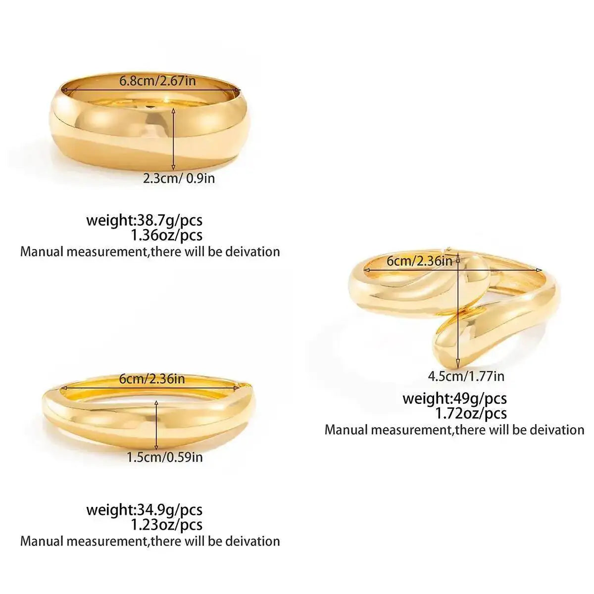 Gold Color Hip Hop Wide Stackable Bracelets Set for Women Fashion Punk Water Drop Bangles Jewelry Gift 3 Styles