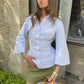 Y2K Tie Back Cinched Waist Collared Shirt For Women Flare 3/4 Sleeve Button‑Front Slim Fitted Curved Hem Casual Blouse