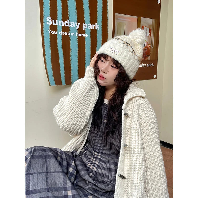 Casual Fair Isle Style Sheep Pattern Pom Pom Knit Beanie For Women
