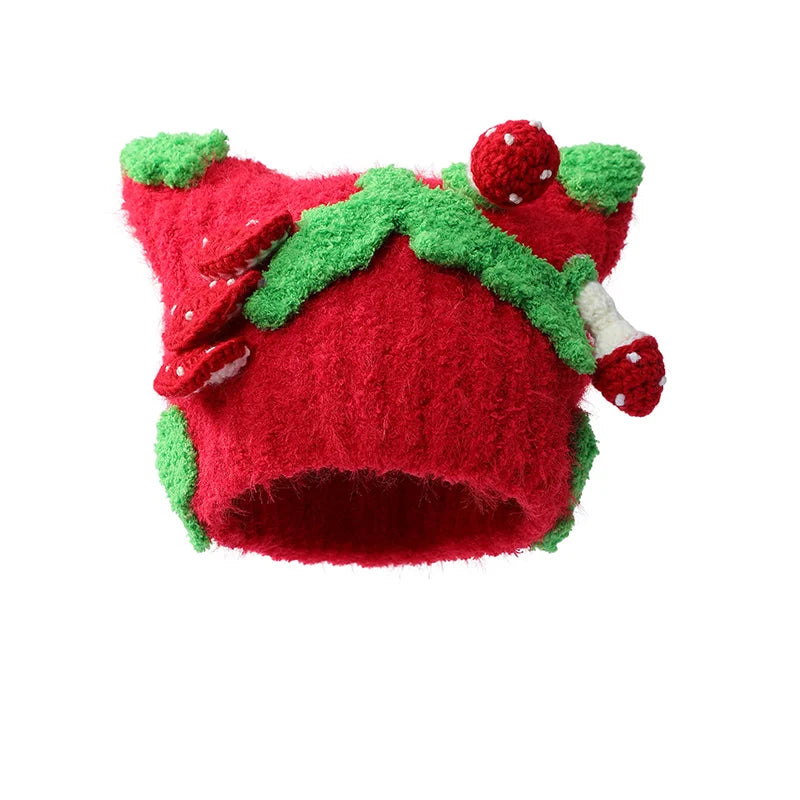 2025 Winter New Arrivals Y2K Cute Color Blocking 3D Strawberry Cat Ear Knit Beanie For Women