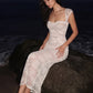 Patchwork Jacquard Elegant Dress Woman Summer Trend Square Collar Backless Shape Waist Beach Party Style Long Bodycon