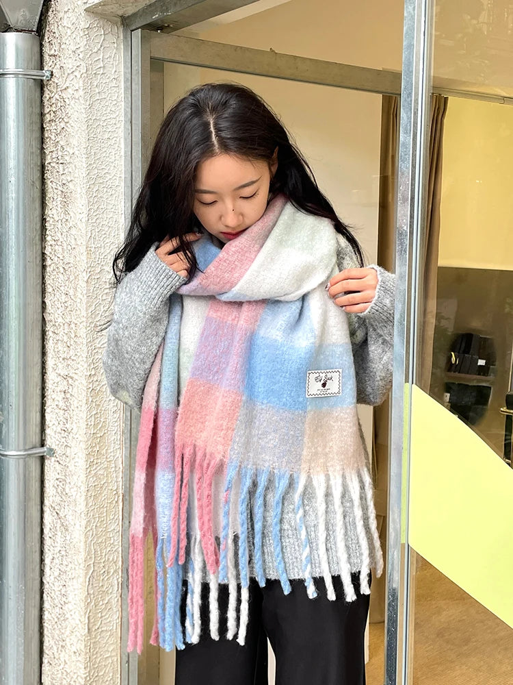 Warm Dopamine Color Block Rainbow Fringe Scarf For Women