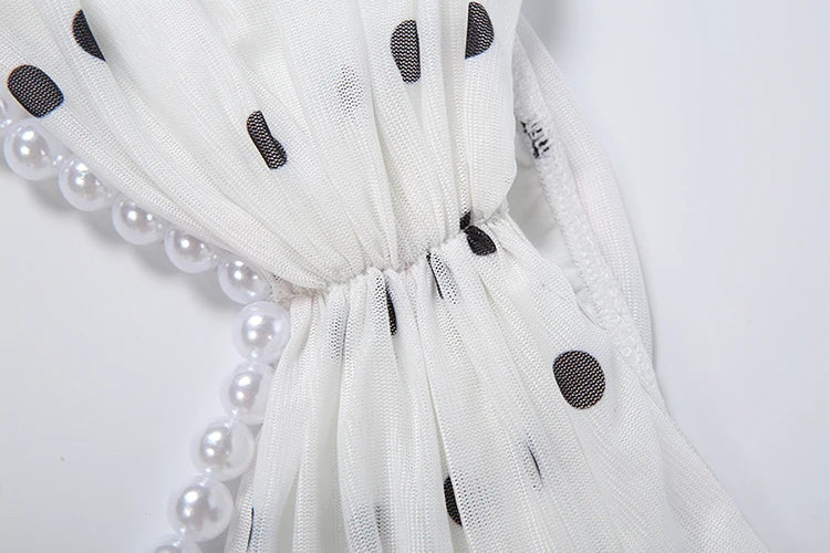 Chic Polka Dot Print 2 Piece Set Woman Beads Decoration Halter Backless Tank Top+See Through Design Skit Elegant Suits