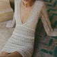 Women's Crochet Knit Cover Up Dress Deep V Neck Long Sleeve Hollow Out Mini Dress Beach Swimwear Summer Vacation