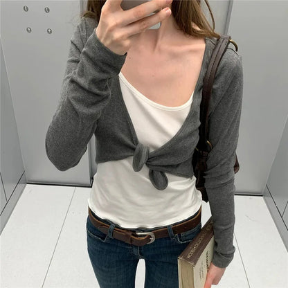 Women Tie Front Cropped Cardigan Long Sleeve Solid Color Knotted Front Slim Fit Short Shrug Casual Spring Fall Outerwear