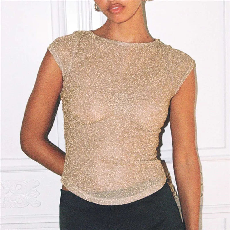 Women's Glitter Lurex Sparkly Crop Top Boat Neck Short Sleeve Ruched Bust Slim Fit for Nightclub and Party Events