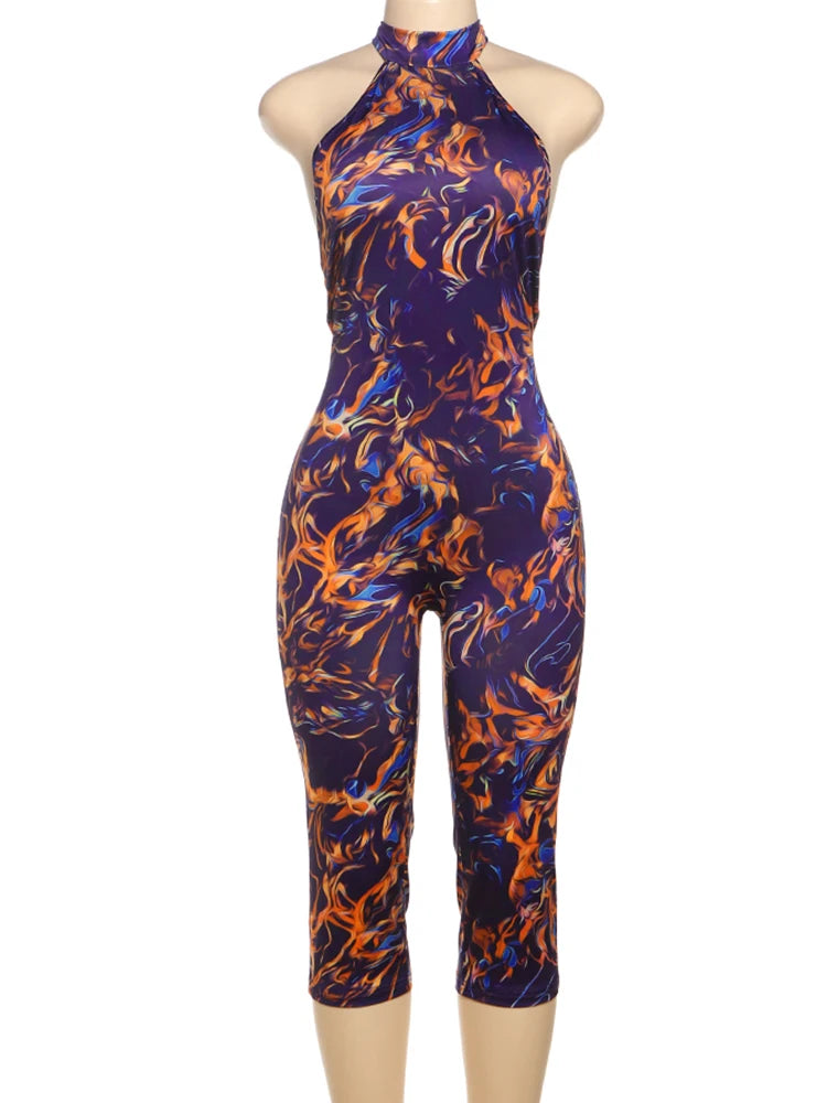 Sexy Print Halter Romper Women Bandage Summer Colorful Hipster Backless Activity Workout Fit Tight Stretch Playsuits