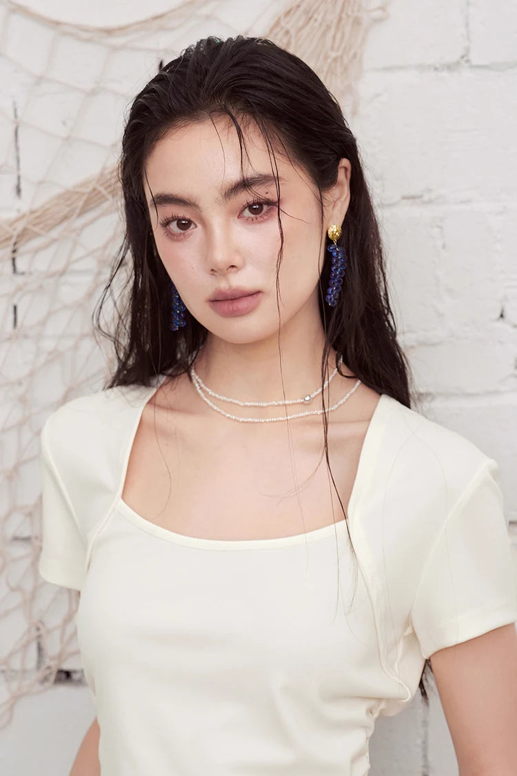 Square Neck Fitted T-Shirt, Ruched Short Sleeve Top