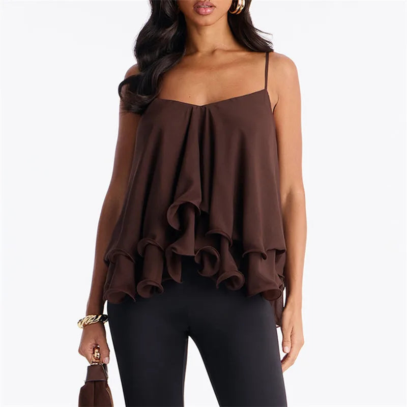 Y2K Fairy Women Chiffon Cami Blouse V Neck Spaghetti Straps Back Bow Tie Ruffle Layered Hem Loose Flowy Party Vest Top