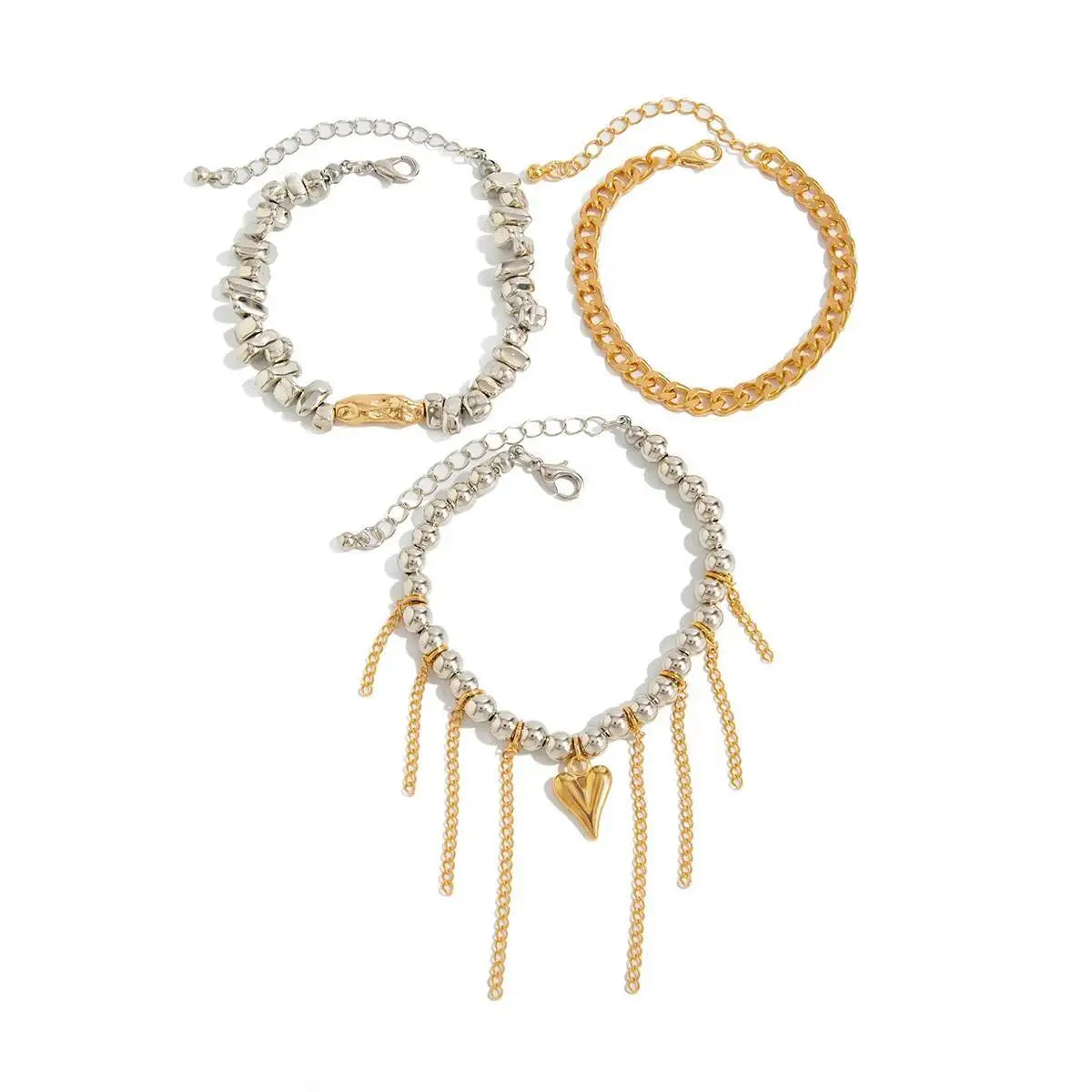 3Pcs/Set Trend Triangle Peach Heart Tassel Pendant Bracelets Women Adjustable Bead Metal Chain Wedding Bridal Jewelry