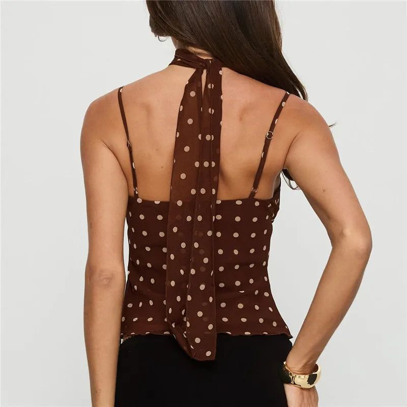Polka Dot Choker Neck Camisole Women's Ruffle Trim Spaghetti Strap Sheer Mesh Crop Top Sexy Y2K Vintage Aesthetic Top