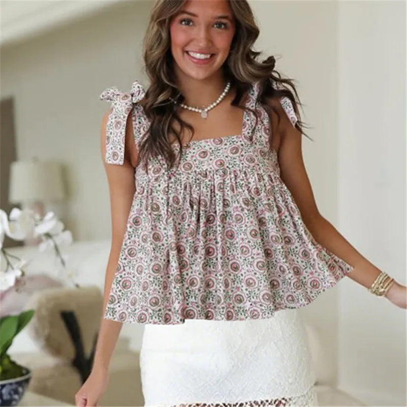 Women's Babydoll Tank Tops Stylish Leaf Print/Plaid Striped Loose Hem Tie Strap Sleeveless Camisole Vest Y2K Streetwear