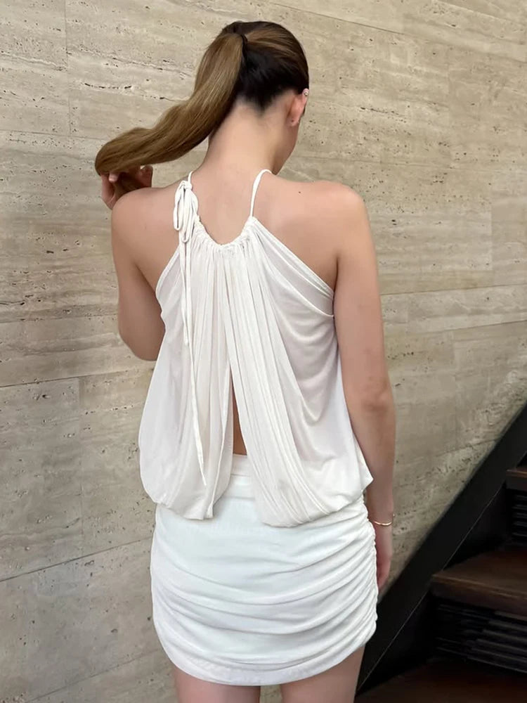 Ruched Sexy Mesh Dress Women Elegant Backless Draping Summer Strapless Summer Beach Midnight Party Vacation Bodycon