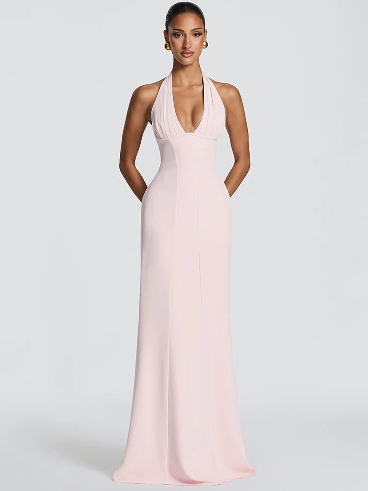 Women Halter Deep V Neck Sexy Maxi Dress Elegant Sleeveless Backless Bodycon Club Party Long Dresses Wedding Guest