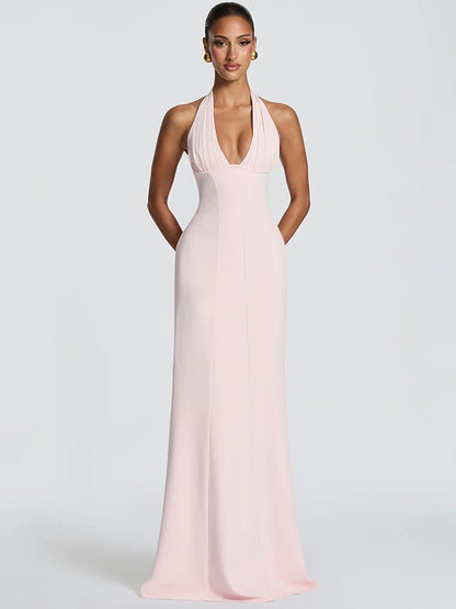 Women Halter Deep V Neck Sexy Maxi Dress Elegant Sleeveless Backless Bodycon Club Party Long Dresses Wedding Guest