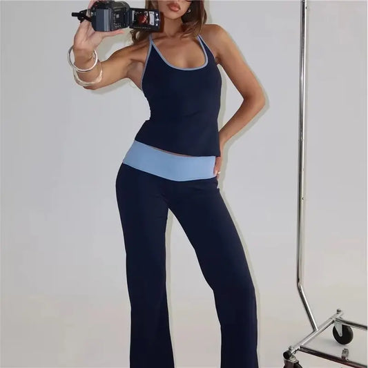 Women Two Piece Outfits Summer Scoop Neck Sleeveless Contrast Color Slim Fit Halter Tops with High Waisted Pants Set