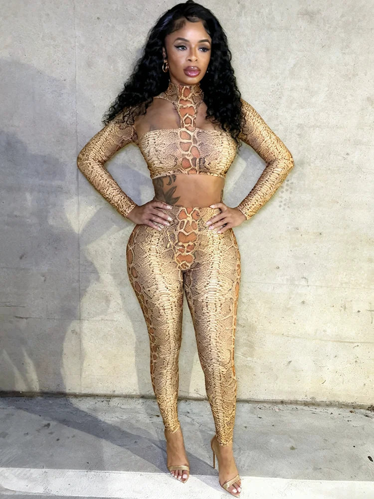 Hipster 2-Piece Set Women Snake Print Hollow Backless Chest Wrapped Crop Top+Leggings Sexy Stretch Wild Clubwear Outfits