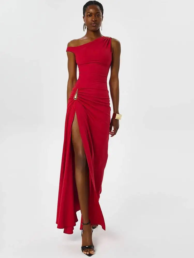 One Shoulder High Split Sexy Maxi Dress Women Elegant Sleeveless Backless Ruched Bodycon Club Party Long Dresses