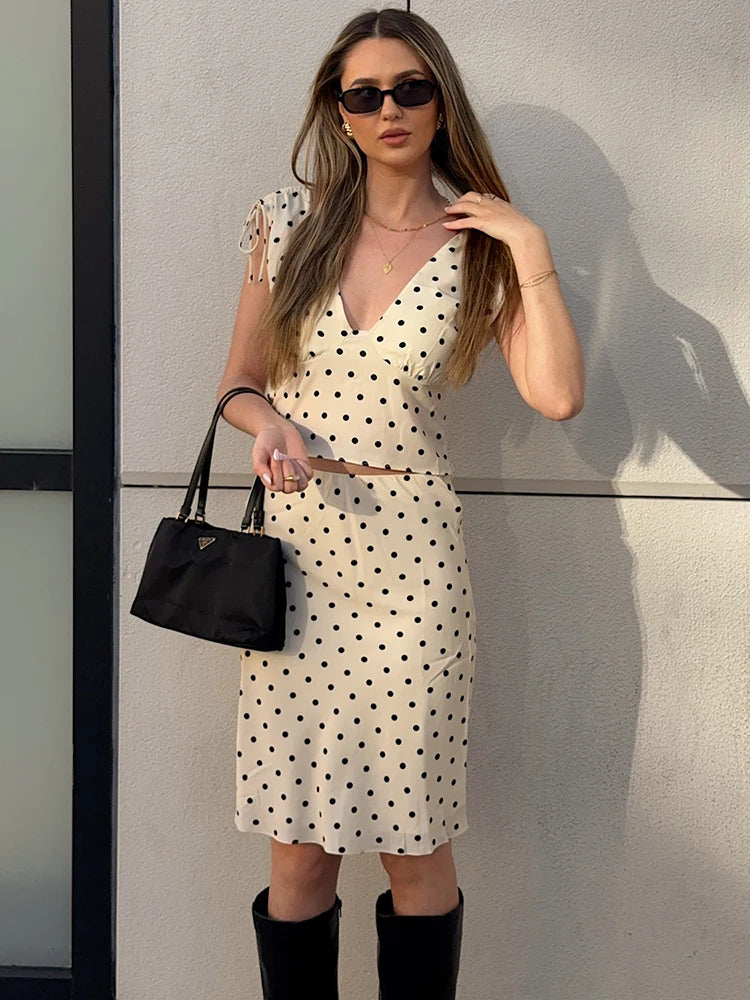 Women Polka Dot Two Piece Skirt Set Elegant V Neck Crop Top And Midi Skirt Sets Female Fashion Casual Bodycon Dress Set