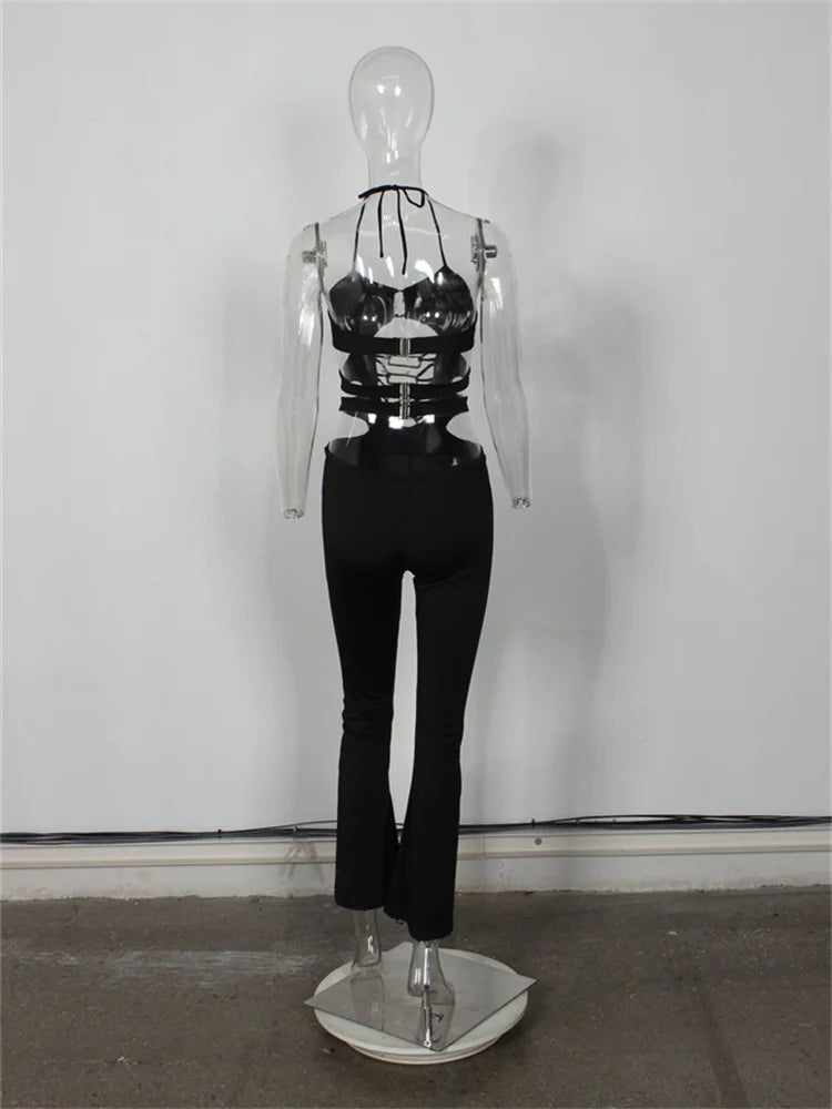 Hollow Cross Halter Jumpsuit Backless Sleeveless Square Metal Rings Peach Buttocks Midnight Sexy Workout Overalls