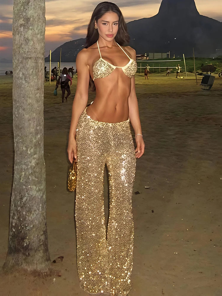 Glitter Sequin Pants Set Women Summer Fashion Bikini Tops And Trouser Matching Sets Female Beach Club Party Pants Set