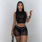 Sexy Midnight 2-Piece Set Women See Through o-Neck Vest+Simple Short High Elasticity Wild Summer Fashion Slim Suit