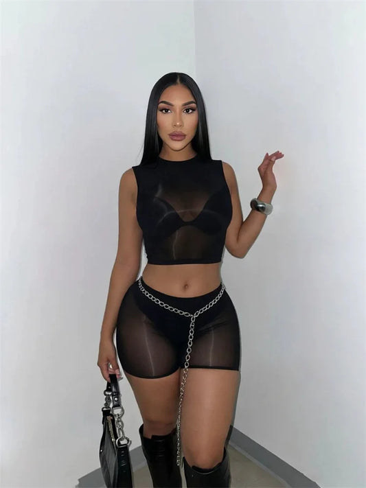Sexy Midnight 2-Piece Set Women See Through o-Neck Vest+Simple Short High Elasticity Wild Summer Fashion Slim Suit