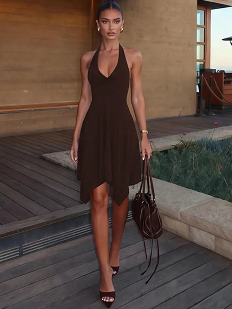 Women Halter V‑Neck Mini Dress Sleeveless Twist Front Irregular Hem A‑Line Short Dress Y2K Club Party Evening Dresses