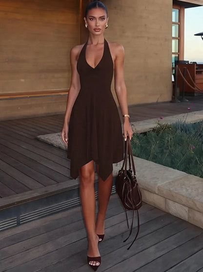 Women Halter V‑Neck Mini Dress Sleeveless Twist Front Irregular Hem A‑Line Short Dress Y2K Club Party Evening Dresses