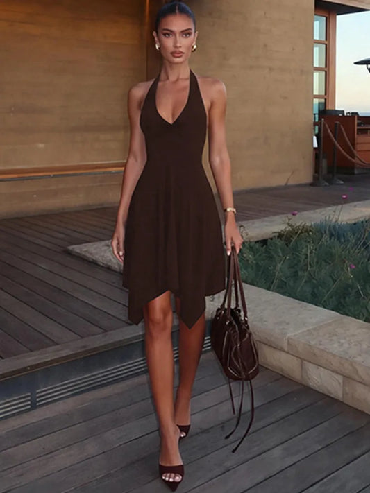Women Halter V‑Neck Mini Dress Sleeveless Twist Front Irregular Hem A‑Line Short Dress Y2K Club Party Evening Dresses