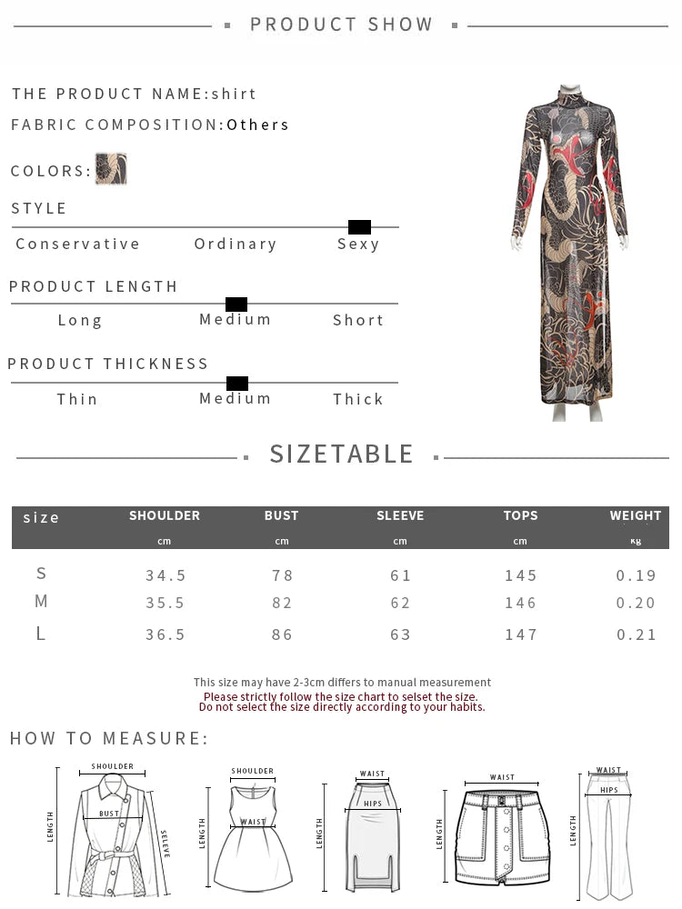 Snake Print See Through Blouse Women Half-High Neck Long Sleeves High Slits High Elasticity Street Skinny Trend Long Tops