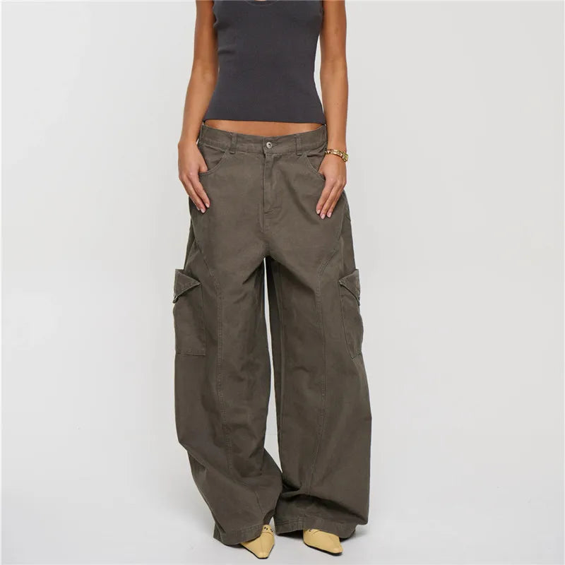 Vintage Y2K Women Baggy Wide Leg Cargo Pants Mid Rise Flap Multi Pockets Stitch Seam Loose Straight Trousers Streetwear