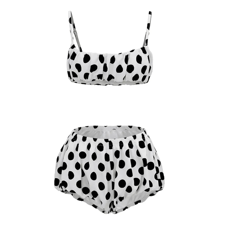 Polka Dot Print 2 Piece Set Women Fashion Ruched Bra Camisole+Elastic Waist Mini Shorts Sexy Beach Vacation Clubwear