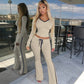 2 Piece Set Black Side Strip Long Sleeve Top and Flare Pants Sports Casual Fall Outfits Woman Loungewear Sets