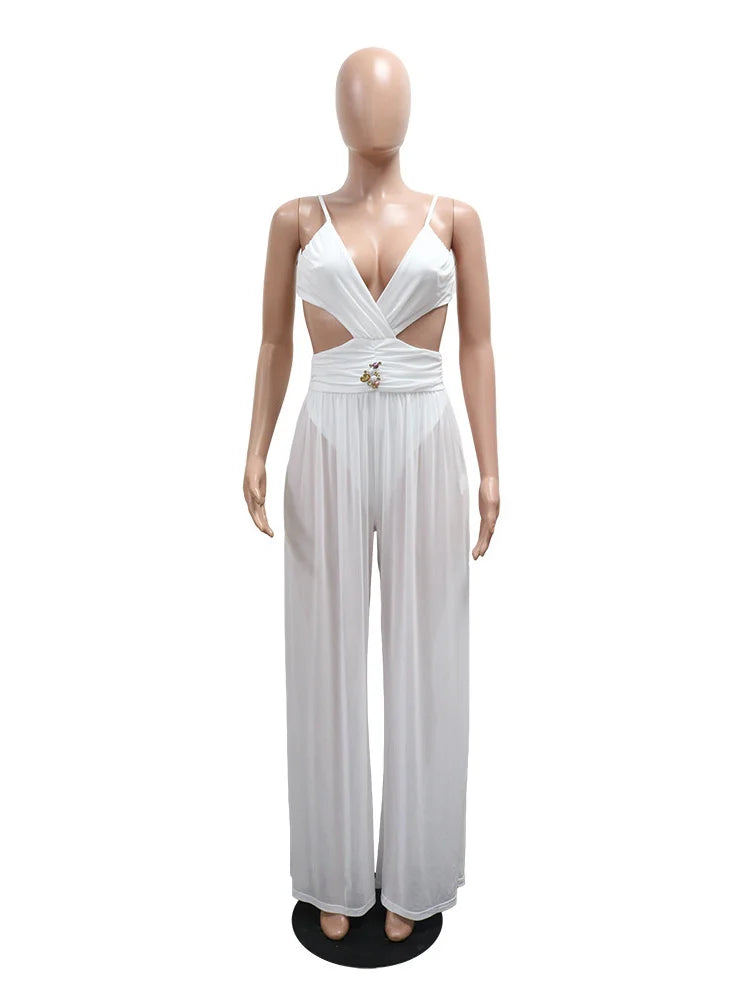 Sexy See Through Jumpsuit Women Strap Low Chest Backless Waistless Lace-Up Simple Solid Skinny Sexy Clubwear Overalls