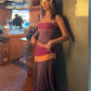 Women Color Block Halter 2 Piece Set Lace‑Up Back Corset Top Asymmetrical Maxi Skirt Summer Party Beach Matching Outfit