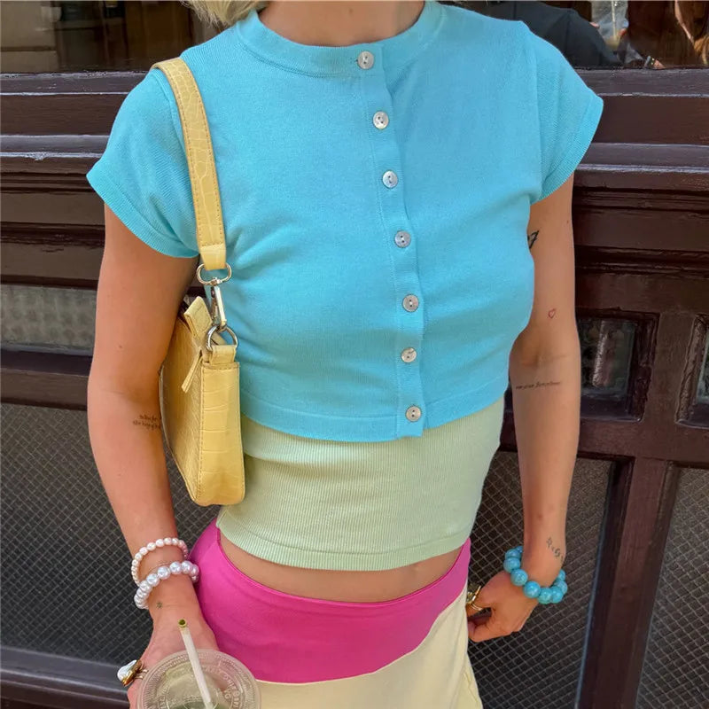 Women Cropped Knit Cardigan Short Sleeve Button Down Round Neck Slim Fit Lightweight Summer Knitwear Daily Wear Cardigan