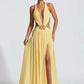 Hollow Out Deep V Neck Sexy Maxi Dress Women Gown Metal Buckle Sleeveless Backless Thigh High Split Club Party Dresses