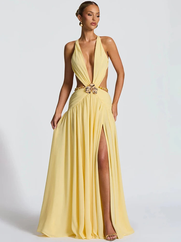 Hollow Out Deep V Neck Sexy Maxi Dress Women Gown Metal Buckle Sleeveless Backless Thigh High Split Club Party Dresses