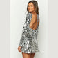 Luxury Sequin Silver Short Party Dresses Women Sexy Backless Long Sleeve Short Dress Sparkle Club Outfits