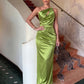 Skew Collar Elegant Hollow Shirring Satin Dress Women Fashion Classic Ruched Patchwork Sleeveless Sexy Party Long Bodycon