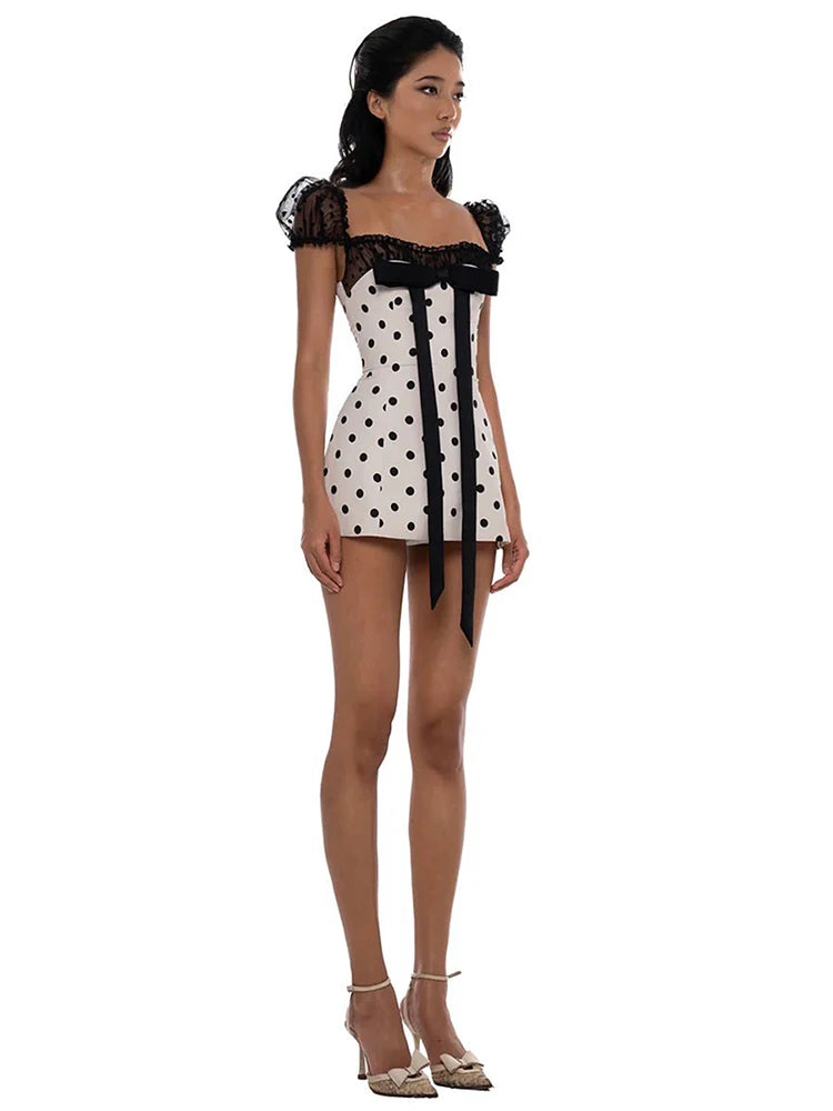 Bow Tassels Dress Women Polka Dot Print Patchwork Mesh Puff Sleeves Skinny Sexy Midnight Street Low-Neck Mini Bodycon
