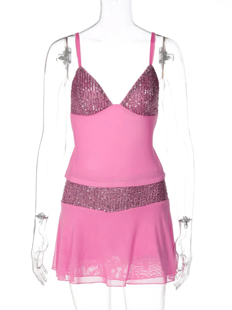 Sparkle Sexy Two Piece Set Women Elegant Spaghetti Strap Tank Top And Mini Skirt Set Female Skinny Club Party Dress Set