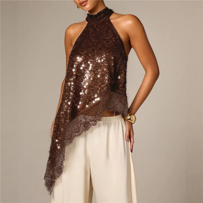 Women Halter Neck Sequin Lace Tank Top Sleeveless Asymmetrical Hanky Hem Back Keyhole Cutout Party Club Blouse Tops